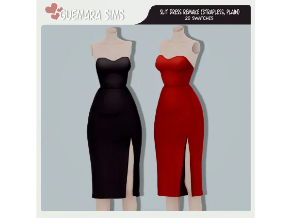 Maxis Match Slit Dress Remake (Strapless Plain) by Guemara - The Sims 4 Custom Content