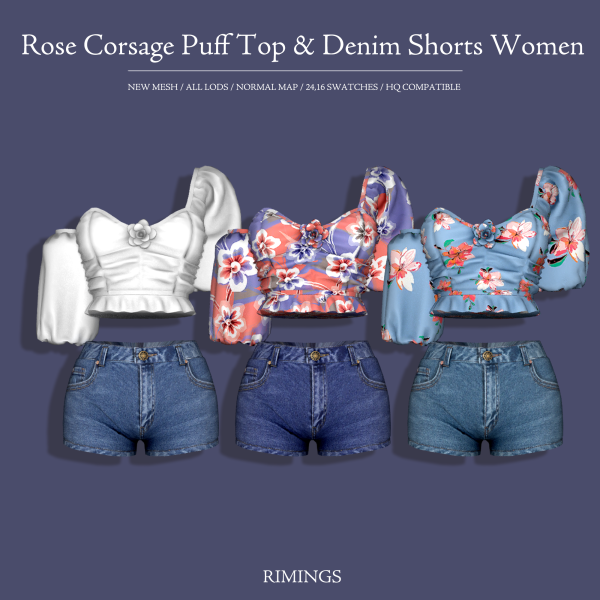 Alpha [RIMINGS] Rose Corsage Puff Top Denim Shorts Women by simsfinds - The Sims 4 Custom Content