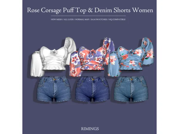 Alpha [RIMINGS] Rose Corsage Puff Top Denim Shorts Women - The Sims 4 Custom Content