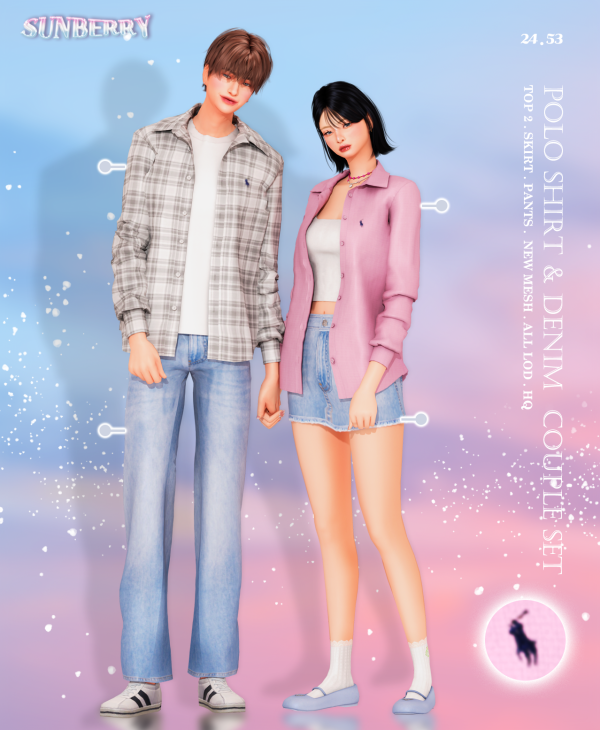 Alpha [SUNBERRY] COUPLE SET Polo Shirt Denim by simsfinds - The Sims 4 Custom Content