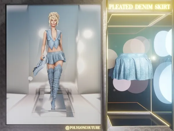 Alpha Pleated Denim Skirt by polygoncouture - The Sims 4 Custom Content