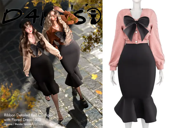 Alpha Daph's Ribbon Detailed Knit Cardigan with Flared Dress S303 - The Sims 4 Custom Content