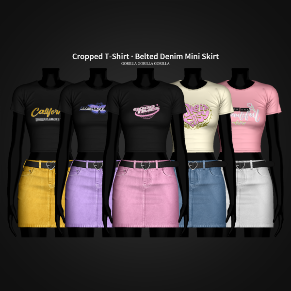 Alpha Cropped T Shirt Belted Denim Mini Skirt by simsfinds - The Sims 4 Custom Content