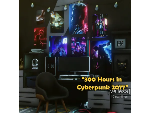 Mix POSTERS 300 Hours in Cyberpunk 2077 by vellesa - The Sims 4 Custom Content