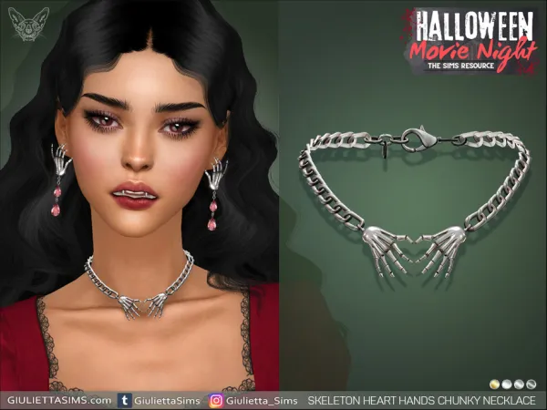 Alpha Halloween Movie Night Skeleton Heart Hands Chunky Necklace by giuliettasims - The Sims 4 Custom Content