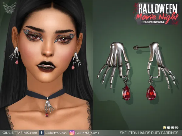 Alpha Halloween Movie Night Skeleton Ruby Hands Earrings by giuliettasims - The Sims 4 Custom Content