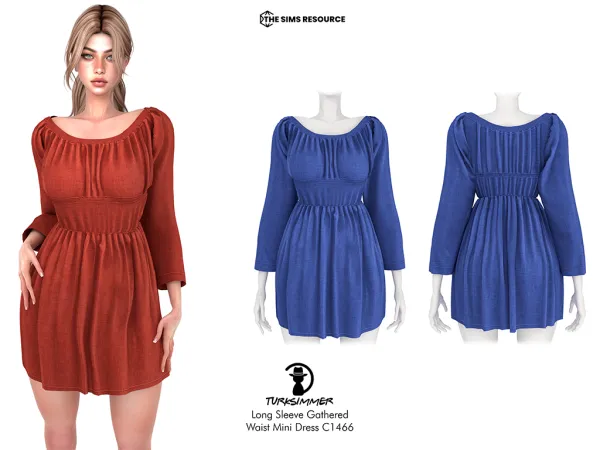 Alpha turksimmer's Long Sleeve Gathered Waist Mini Dress C1466 - The Sims 4 Custom Content