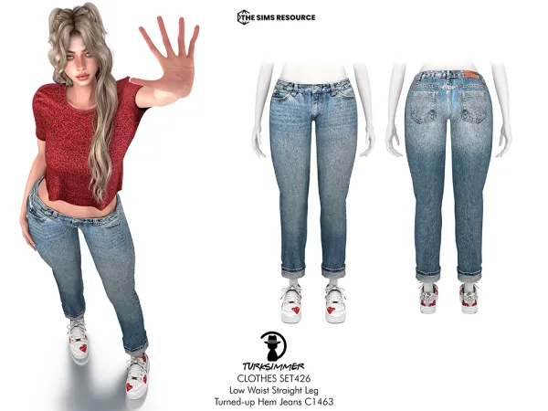 Alpha turksimmer's CLOTHES SET426 Short Sleeve Knit Top C1462 and Low Waist Straight Leg Turned up Hem Jeans C1463 - The Sims 4 Custom Content