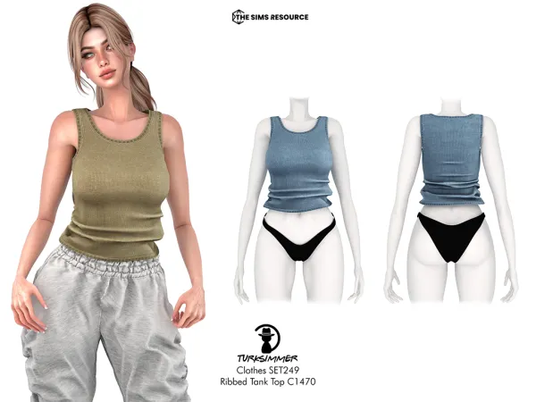 Alpha CLOTHES SET430 Ribbed Tank Top C1470 and Side Shirring Jogger C1471 by turksimmer - The Sims 4 Custom Content