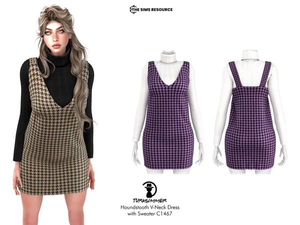 Alpha Houndstooth V Neck Dress with Sweater C1467 by turksimmer - The Sims 4 Custom Content