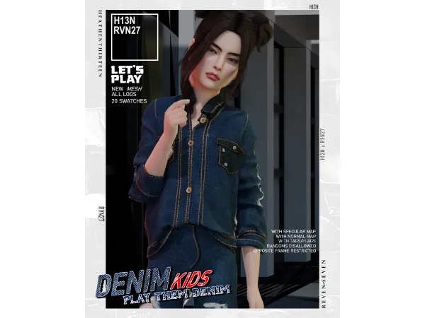 Alpha Child's Rolled Up Sleeves Full Buttoned Oversized Denim Jacket by rvn2seven - The Sims 4 Custom Content
