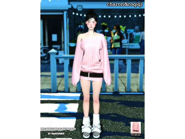 Maxis Match off shoulder sweater suit by charon_roqiqi - The Sims 4 Custom Content