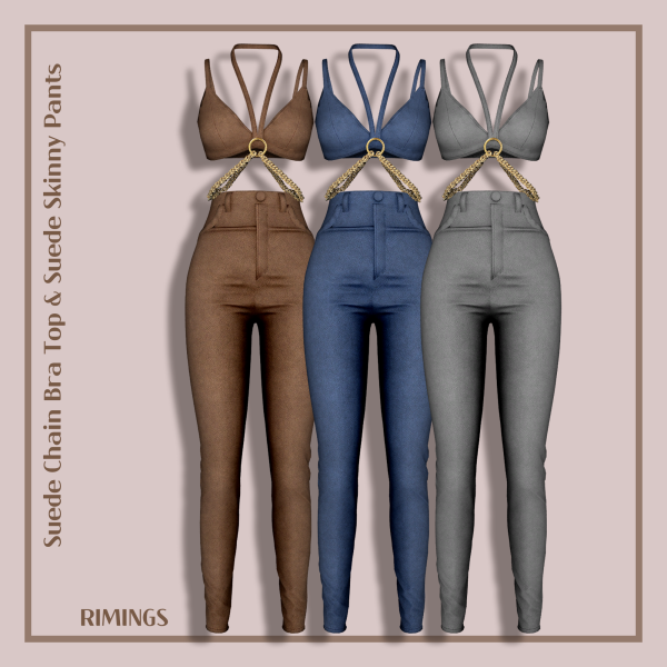 Alpha [RIMINGS] Suede Chain Bra Top Suede Skinny Pant by simsfinds - The Sims 4 Custom Content