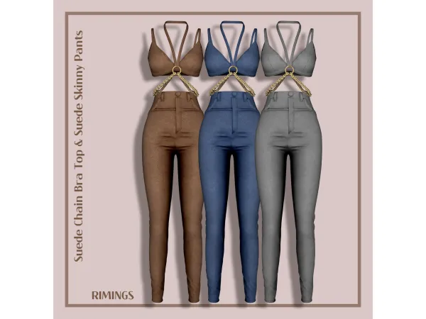 Alpha [RIMINGS] Suede Chain Bra Top Suede Skinny Pant - The Sims 4 Custom Content