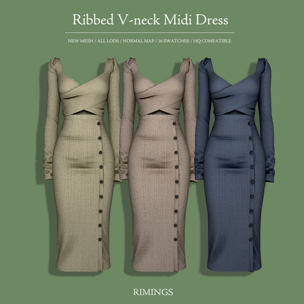 Alpha [RIMINGS] Ribbed V neck Midi Dress by simsfinds - The Sims 4 Custom Content