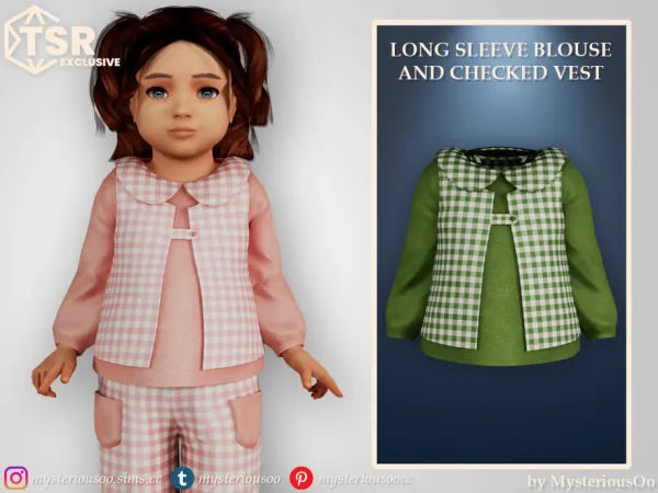 Alpha Long sleeve blouse and checked vest by thesimsresource - The Sims 4 Custom Content