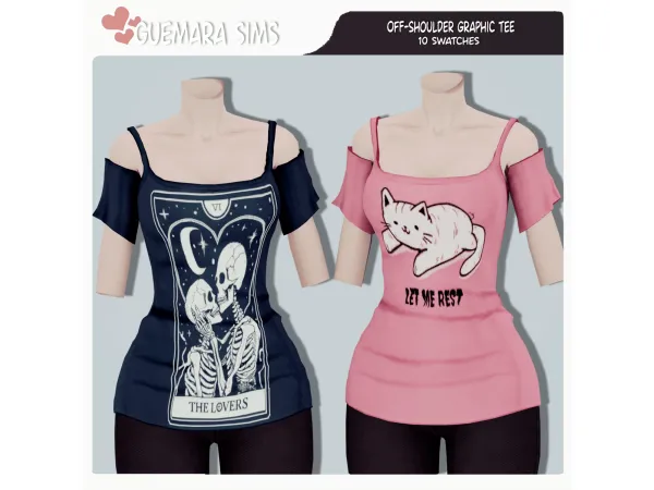 Mix Off Shoulder Graphic Tee by Guemara - The Sims 4 Custom Content