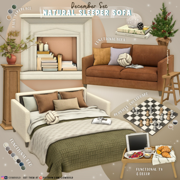 Alpha Natural Sleeper Sofa by cowbuild - The Sims 4 Custom Content