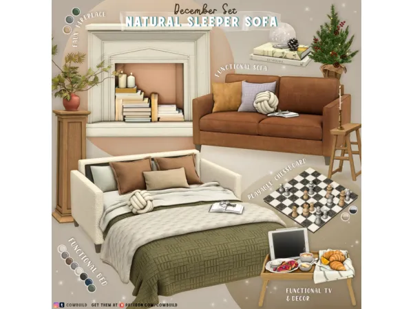 Alpha Natural Sleeper Sofa by cowbuild - The Sims 4 Custom Content