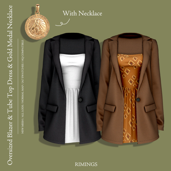 Alpha [RIMINGS] Oversized Blazer Tube Top Dress Gold Medal Necklace by simsfinds - The Sims 4 Custom Content