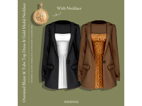 [Rimings] Oversized Blazer Tube Top Dress Gold Medal Necklace - The Sims 4 Custom Content