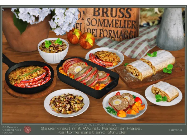 Alpha Sausages meatloaf potato salad and strudel German by SomikSeverinka - The Sims 4 Custom Content