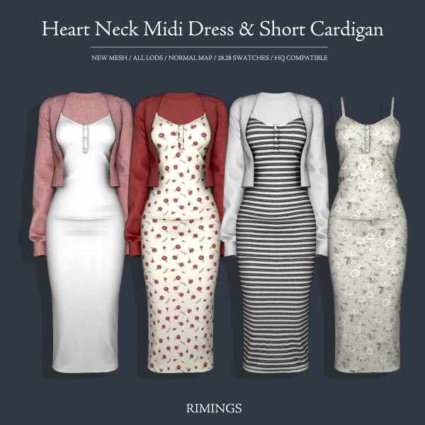 Alpha [RIMINGS] Heart Neck Midi Dress Short Cardigan by simsfinds - The Sims 4 Custom Content