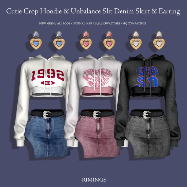 Alpha [RIMINGS] Cutie Crop Hoodie Unbalance Slit Denim Skirt Earring by simsfinds - The Sims 4 Custom Content