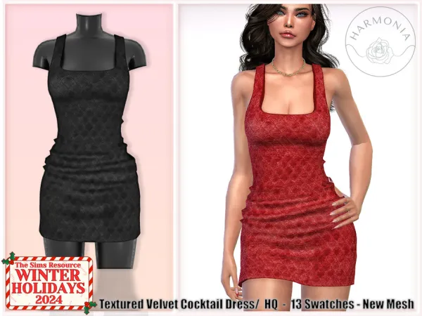 Mix Winter Holidays 2024 Textured Velvet Cocktail Dress by Harmonia - The Sims 4 Custom Content