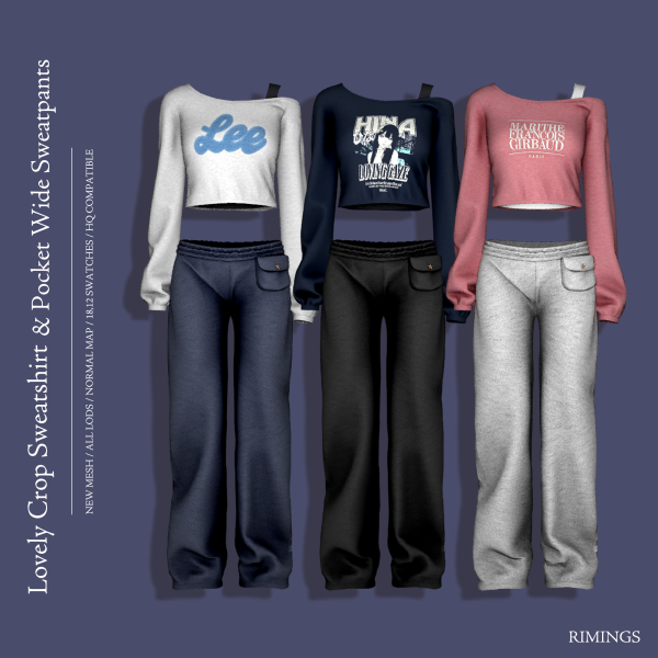 Alpha [RIMINGS] Lovely Crop Sweatshirt Pocket Wide Sweatpants by simsfinds - The Sims 4 Custom Content