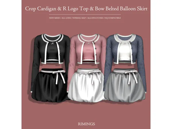 Alpha [RIMINGS] Crop Cardigan R Logo Top Bow Belted Balloon Skirt - The Sims 4 Custom Content