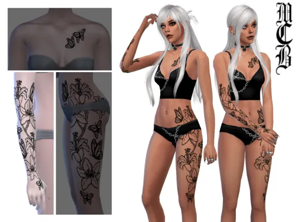 Mix Lily Flowers And Butterflies Half Sleeve Tattoo by MaruChanBe2 - The Sims 4 Custom Content