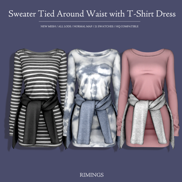 Alpha [RIMINGS] Sweater Tied Around Waist with T Shirt Dress by simsfinds - The Sims 4 Custom Content