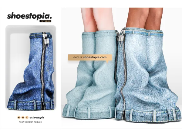 Alpha Shoestopia Elas Pintawn Denim Shark Boots by shoestopia - The Sims 4 Custom Content