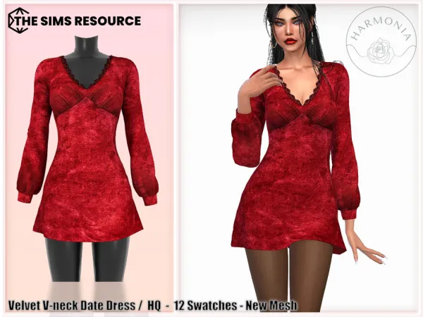 Alpha HMR Velvet V neck Date Dress by Harmonia - The Sims 4 Custom Content