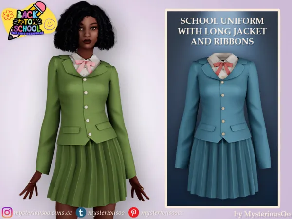 Alpha Back to school School uniform with long jacket and ribbons by MysteriousOo - The Sims 4 Custom Content