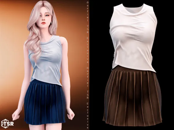 Alpha Philomena Asymmetrical wet look top and pleated skirt by Garfiel - The Sims 4 Custom Content