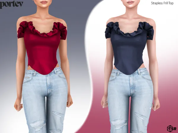 Alpha Strapless Frill Top by portev - The Sims 4 Custom Content