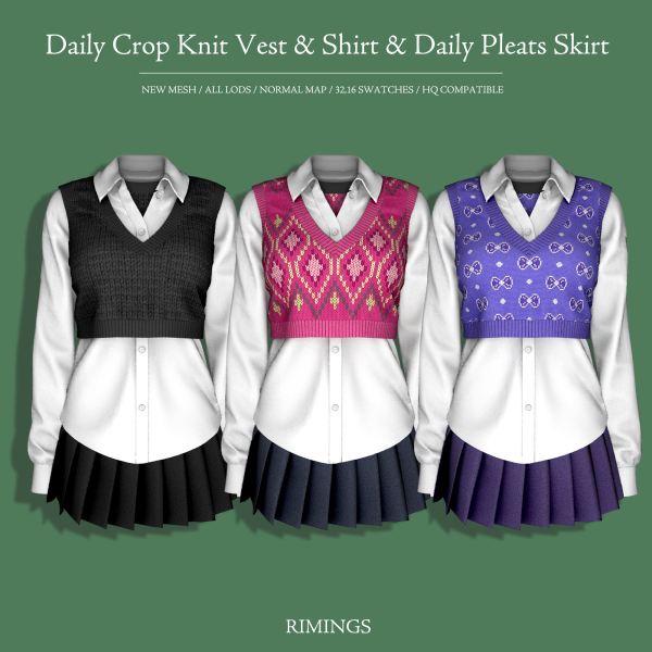 Alpha [RIMINGS] Daily Crop Knit Vest Shirt Pleats Skirt by simsfinds - The Sims 4 Custom Content