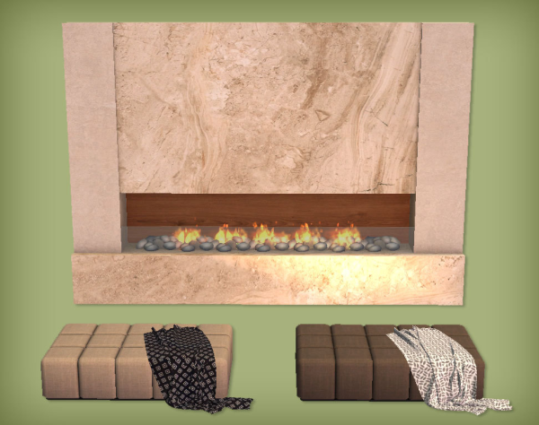 Apollo Fireplace Japandi Livingroom Ottoman and Plaid by simsfinds - The Sims 2 Custom Content