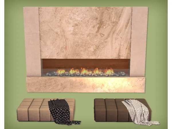 Apollo Fireplace Japandi Livingroom Ottoman and Plaid - The Sims 2 Custom Content