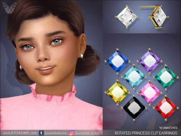 Alpha Princess Cut Rotated Crystal Earrings For Kids - The Sims 4 Custom Content