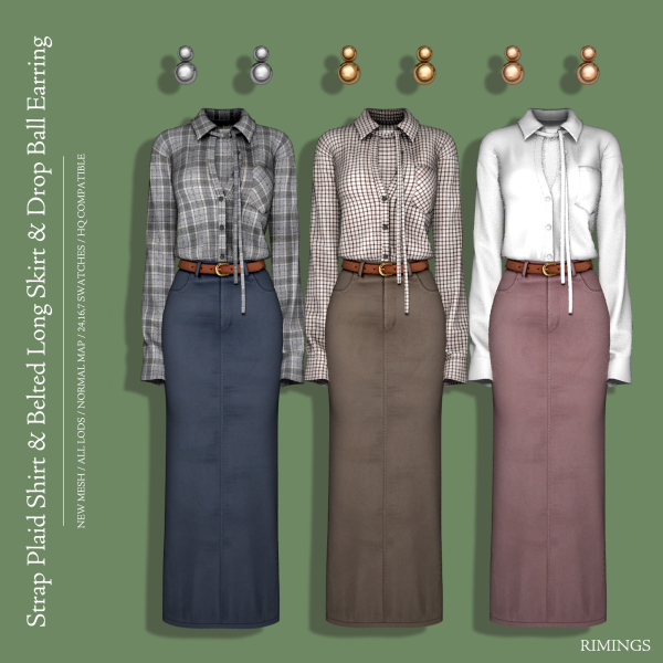 Alpha [RIMINGS] Strap Plaid Shirt Belted Long Skirt Earring by simsfinds - The Sims 4 Custom Content