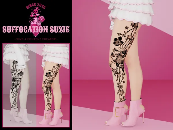 Mix Cherry Peach Tattoo Left Leg HQ by SuffocationSuzie - The Sims 4 Custom Content