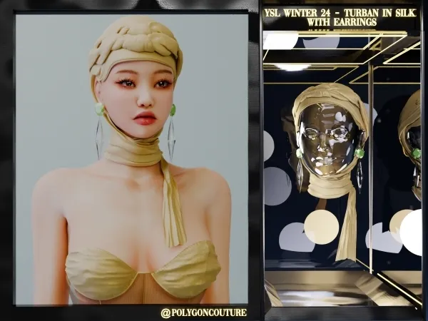 Alpha YSL WINTER 24 Turban in silk with Earrings - The Sims 4 Custom Content