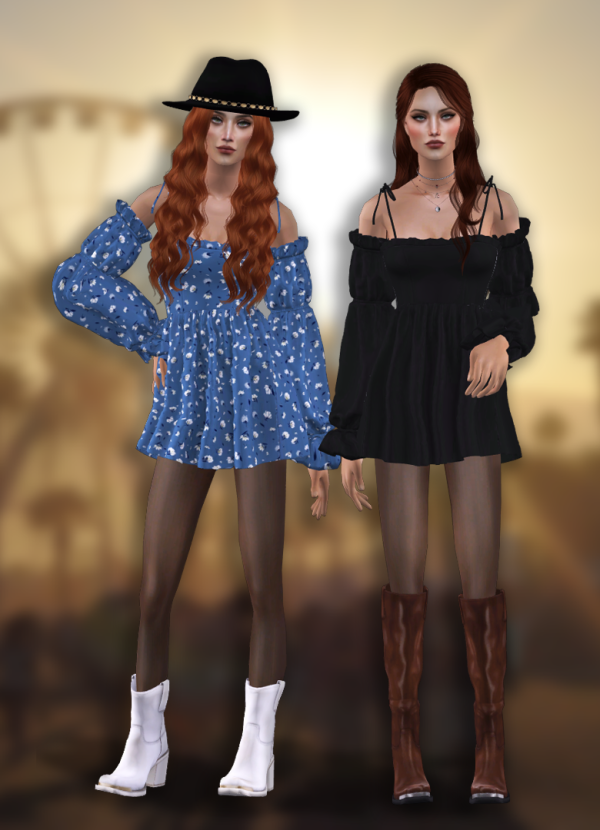 fakebloood 4t2 BackTrack Skylar Shoulder Straps Dress With Puff Sleeves by simsfinds - The Sims 2 Custom Content