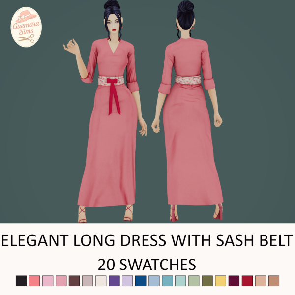Maxis Match Elegant Long Dress with Sash Belt by simsfinds - The Sims 4 Custom Content