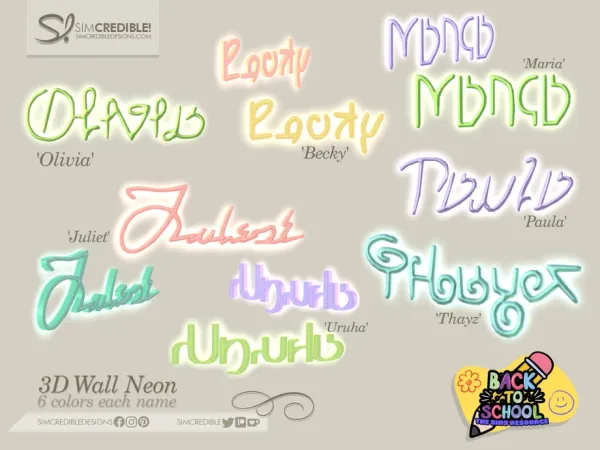 Mix Dorm Sweet Dorm Wall Neon Names by SIMcredible - The Sims 4 Custom Content