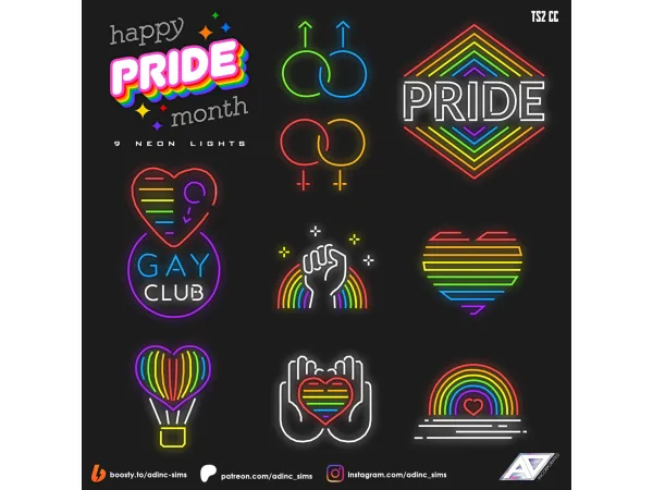 [SET] 9 Neon Lights Happy Pride Month 2025 by adinc - The Sims 2 Custom Content