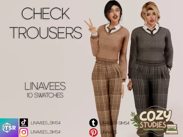 Alpha COZY STUDIES TATUM (CHECK TROUSERS) by linavees - The Sims 4 Custom Content